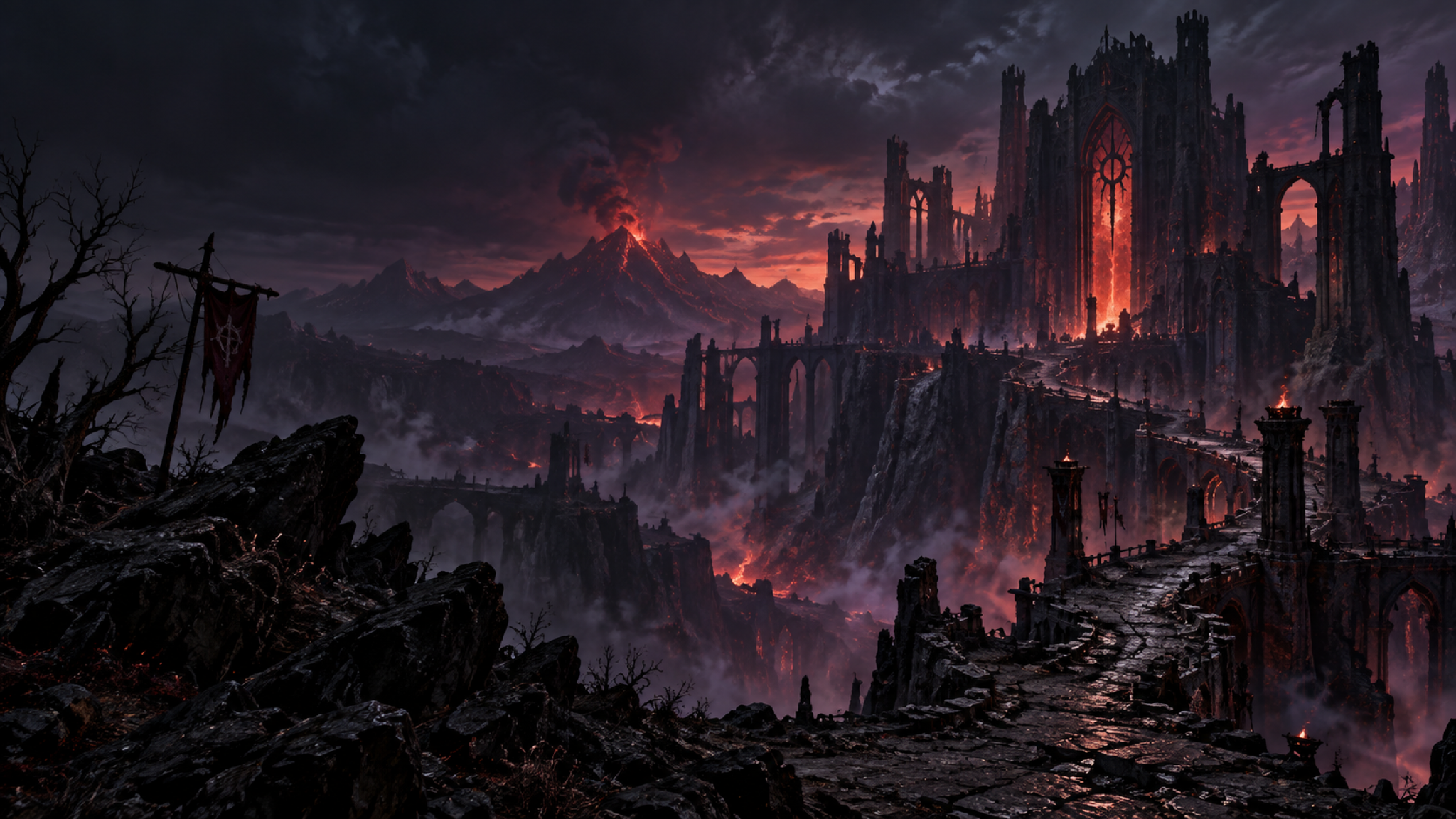Original dark-fantasy Sanctuary landscape illustration for this community wiki